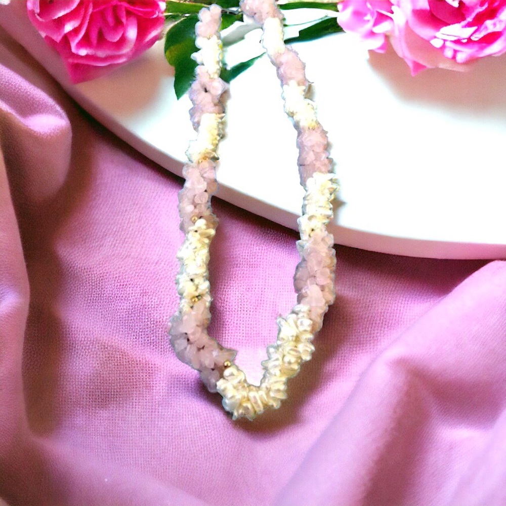 Vintage Necklace Freshwater Pearl + Rose Quartz Triple Multi-Strand Twis… - Picture 5 of 15
